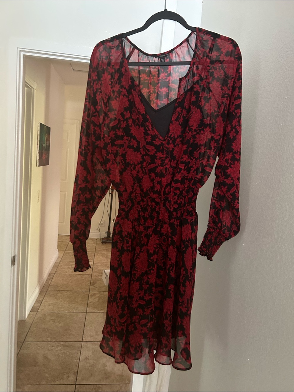 Guess Red and Black Floral Long Sleeve Dress